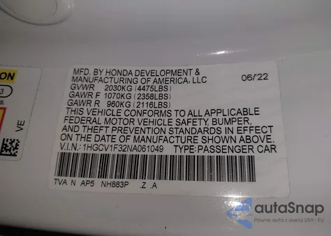 2022 Honda Accord Sport z USA, uszkodzony, nr VIN 1HGCV1F32NA061049